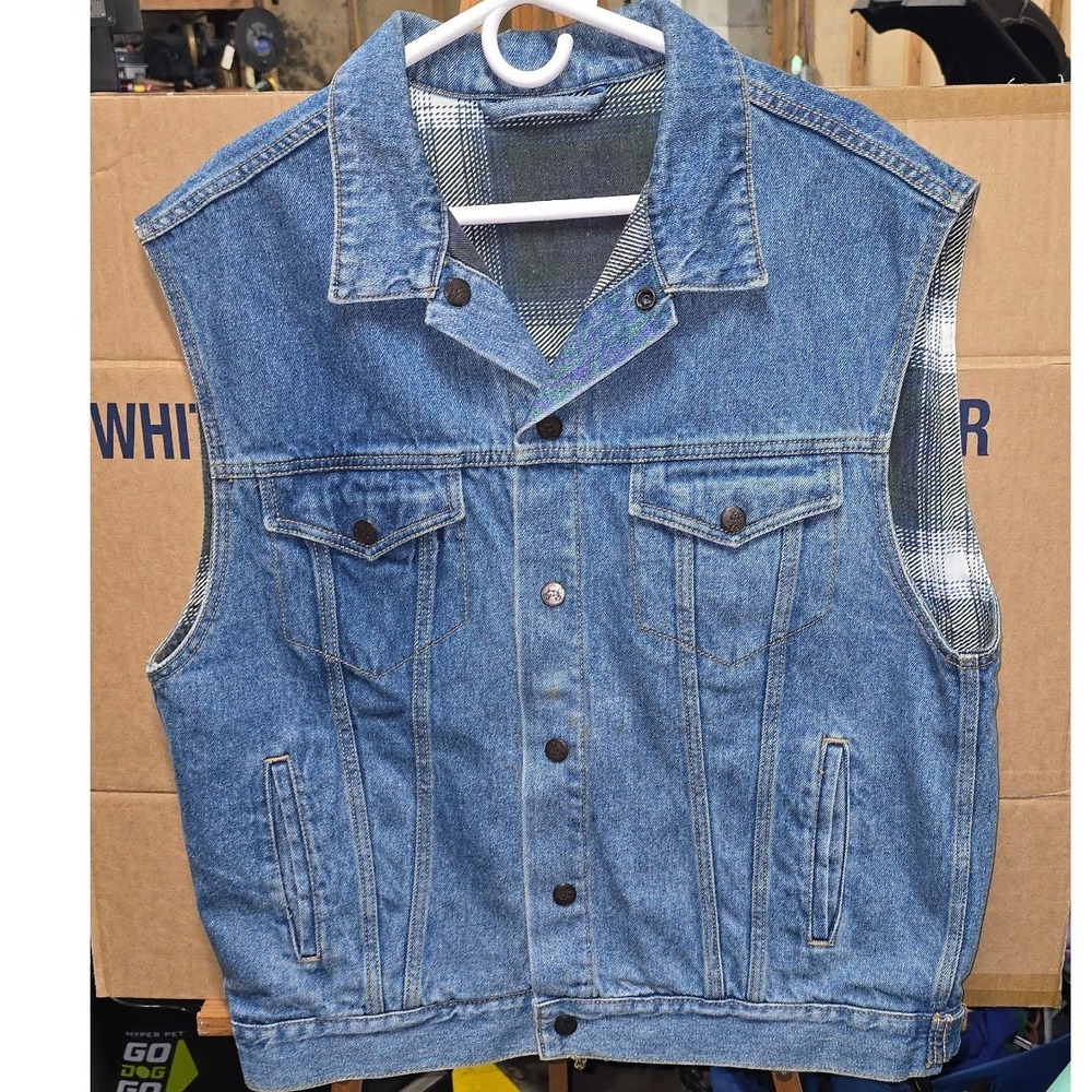 Vintage Mickey Inc Denim Vest Mickey World Travelers Club Plaid Lined Blue Large